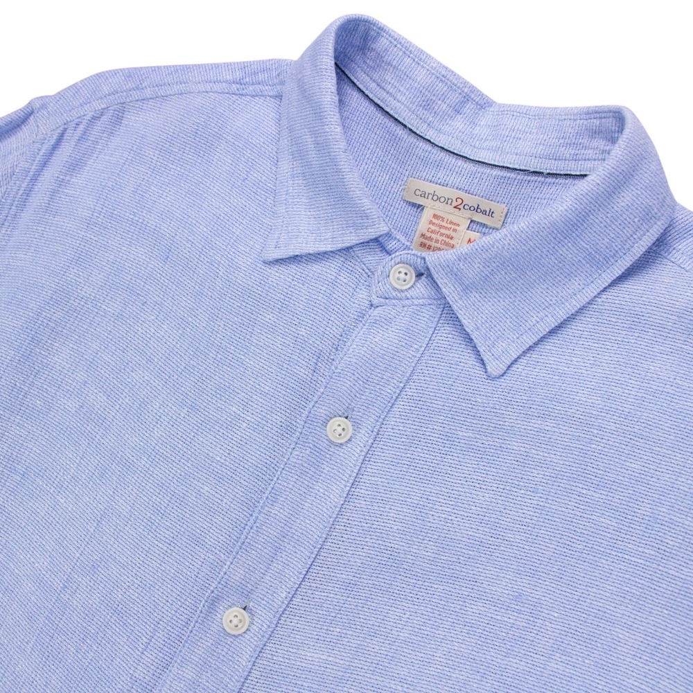 Carbon 2 Cobalt Mens‎ M Blue 100% Linen Knit Shirt Polo Button Up
